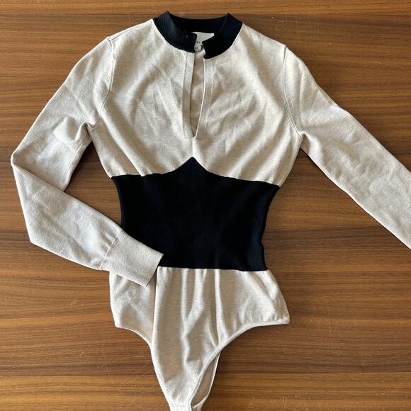 Fleur Du Mal Beige Black Knit Collared Bodysuit, Revolve, Office Siren, XS - Picture 1 of 7
